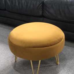 Mustard Velvet Round Footstool - Golden Metal Legs, 30cm Ottoman - thumbnail 4