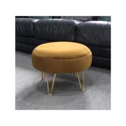 Mustard Velvet Round Footstool - Golden Metal Legs, 30cm Ottoman