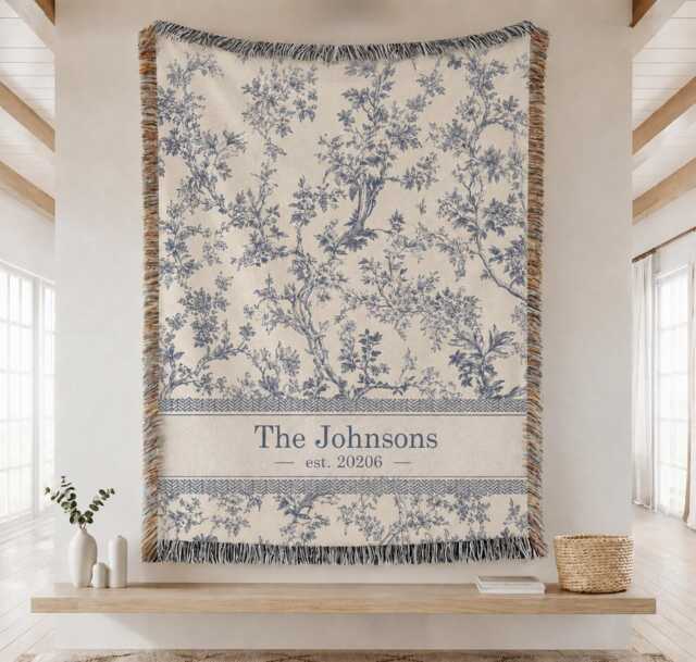 Personalized Toile Woven Blanket, Custom Family Name Blue Floral Throw Wedding Gift, Housewarming Present - image 1