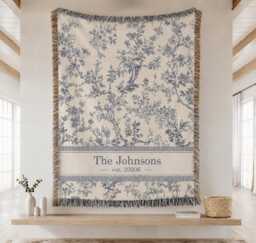 Personalized Toile Woven Blanket, Custom Family Name Blue Floral Throw Wedding Gift, Housewarming Present - thumbnail 1