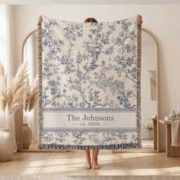 Personalized Toile Woven Blanket, Custom Family Name Blue Floral Throw Wedding Gift, Housewarming Present - thumbnail 2