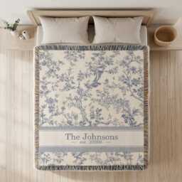 Personalized Toile Woven Blanket, Custom Family Name Blue Floral Throw Wedding Gift, Housewarming Present - thumbnail 3