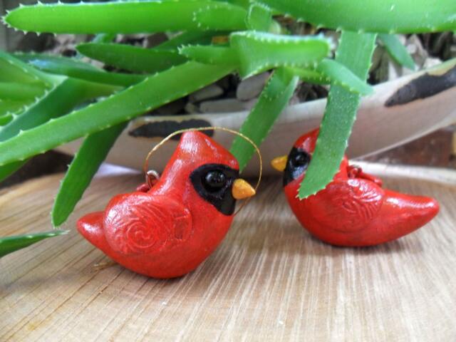 Handmade Clay Cardinal Christmas Ornament - Bird Tree Decoration - image 1