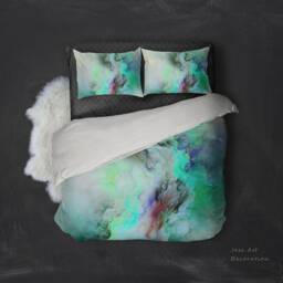 Abstract Green-Toned Bedding Set, 3D Smoke Quilt Cover - thumbnail 2