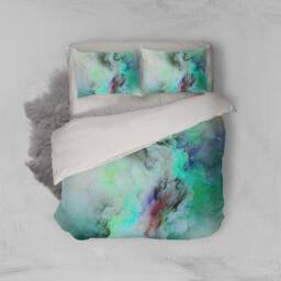 Abstract Green-Toned Bedding Set, 3D Smoke Quilt Cover - thumbnail 3