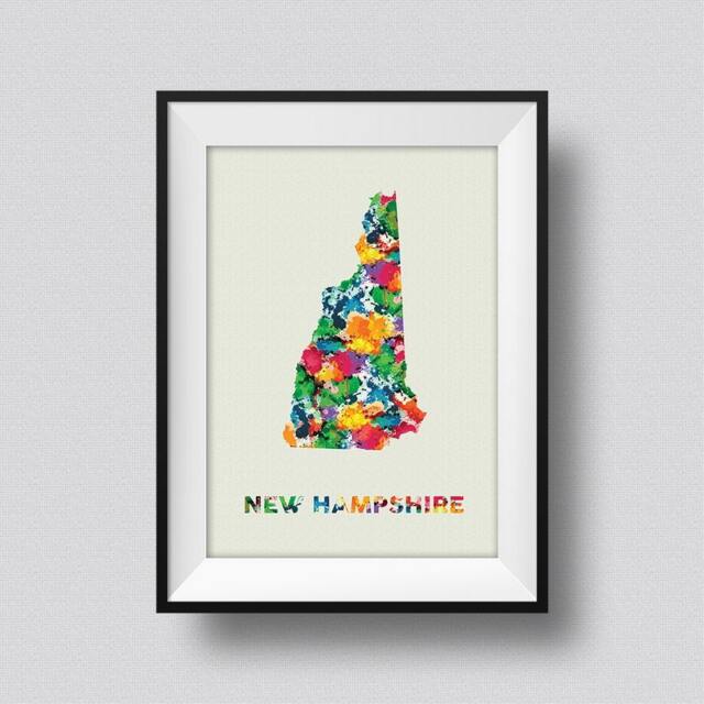 New Hampshire Map Usa Watercolor Art Print Ink Splash Poster Canvas