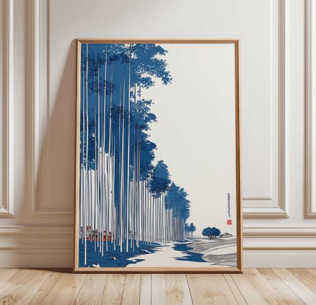 Japanese Bamboo Forest Poster Print - Blue Ukiyo-E Landscape Art Minimal Zen Wall Decor - image 1