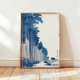 Japanese Bamboo Forest Poster Print - Blue Ukiyo-E Landscape Art Minimal Zen Wall Decor - thumbnail 4