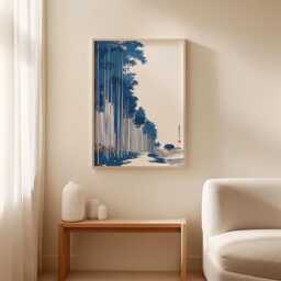 Japanese Bamboo Forest Poster Print - Blue Ukiyo-E Landscape Art Minimal Zen Wall Decor - thumbnail 3
