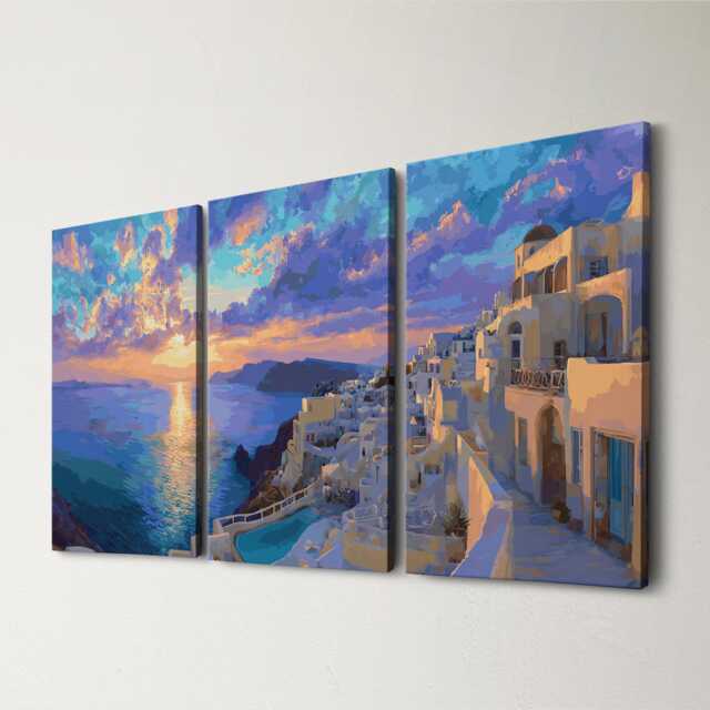Santorini Greece Cliffside 3 Panel Split Canvas Wall Art Summers Day Summer Cityscape Oil Painting Framed Home Decor - image 1