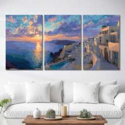 Santorini Greece Cliffside 3 Panel Split Canvas Wall Art Summers Day Summer Cityscape Oil Painting Framed Home Decor - thumbnail 2