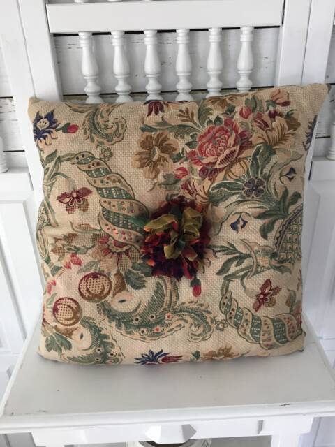 Pillow With Cover Blue. Burgandy, Rose, Green Floral & Greenery, Ribbon Pompom in Center Repurposed, Upcycled 20 - image 1