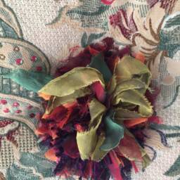 Pillow With Cover Blue. Burgandy, Rose, Green Floral & Greenery, Ribbon Pompom in Center Repurposed, Upcycled 20 - thumbnail 3