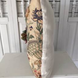Pillow With Cover Blue. Burgandy, Rose, Green Floral & Greenery, Ribbon Pompom in Center Repurposed, Upcycled 20 - thumbnail 2