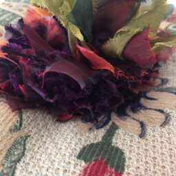 Pillow With Cover Blue. Burgandy, Rose, Green Floral & Greenery, Ribbon Pompom in Center Repurposed, Upcycled 20 - thumbnail 4