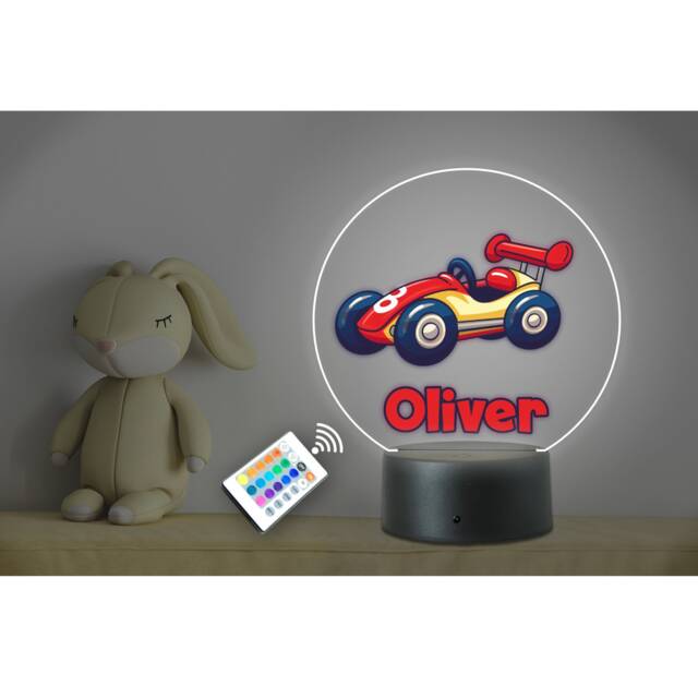 Personalised Any Name Kids Race Car Rgb Led Night Light. Usb/Battery Powered, Remote Control. Nursery, Bedroom Decor For Boy Or Girl. Gift - image 1