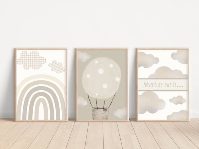 Set Of 3 Hot Air Balloon & Cloud Prints With A Neutral Colour Scheme Perfect For Nursery, Bedroom Or Playroom - Unframed - image 1