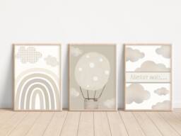 Set Of 3 Hot Air Balloon & Cloud Prints With A Neutral Colour Scheme Perfect For Nursery, Bedroom Or Playroom - Unframed - thumbnail 1