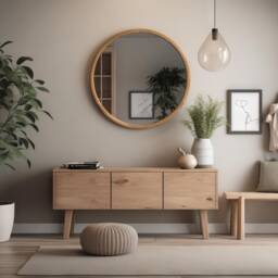 Modern Wall Mirror - Minimalist Mirror Entry Way Round Oak Wood Frame Living Room Large