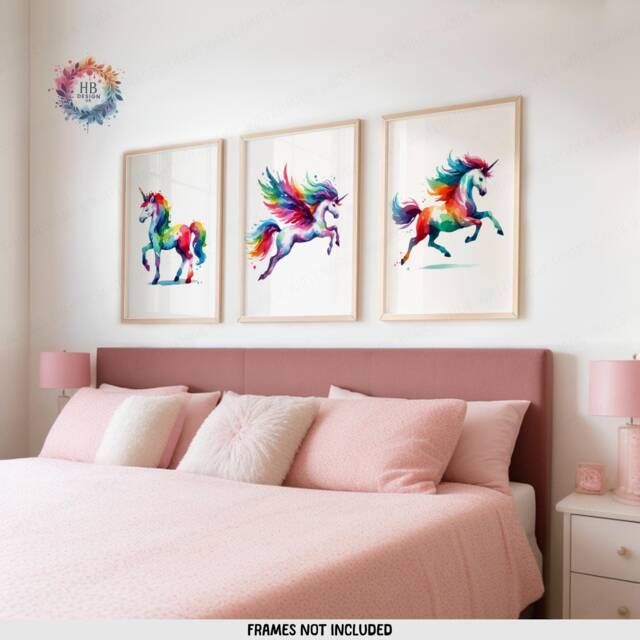 Girls Unicorn Nursery Prints - Set Of 3 - Baby Room Decor Personalised Wall Art Girl Rainbow Bedroom Toddler Playroom Picture - image 1