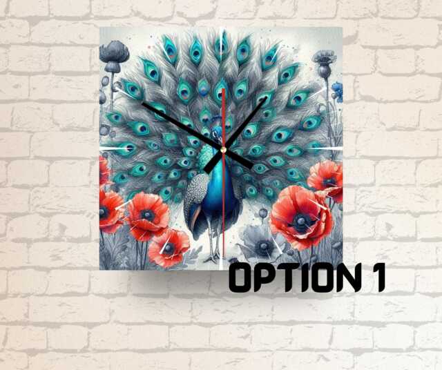 Peacock Glass Wall Clock Floral Art, Elegant Home Decor - image 1