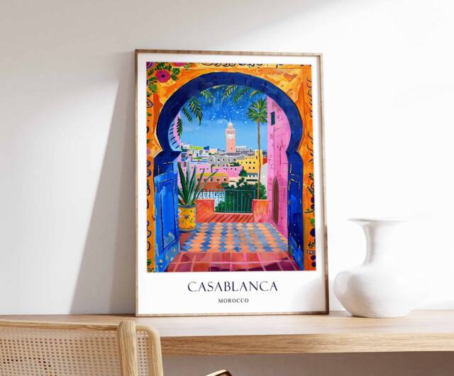 Casablanca Poster, Morocco Vintage Travel Art, Moroccan African Islamic Hassan Ii Mosque Art - image 1