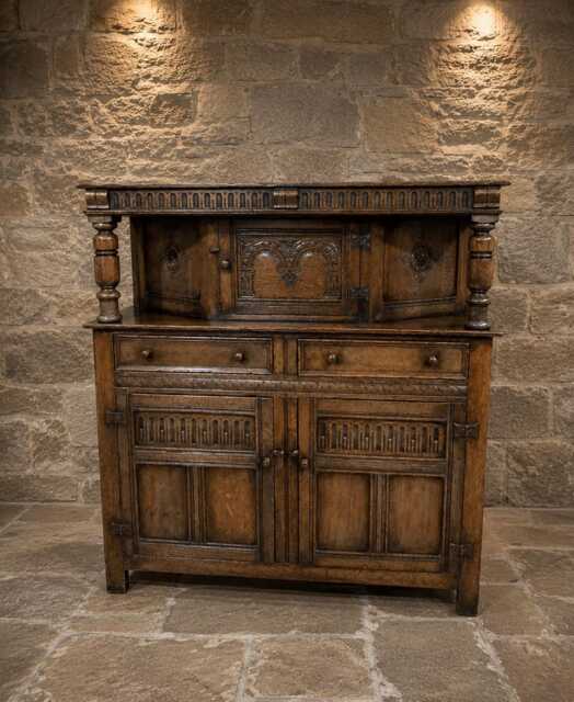Antique Oak Dresser Sideboard - Jacobean Revival Carved Buffet, English Oak, C.1900-1925 - image 1