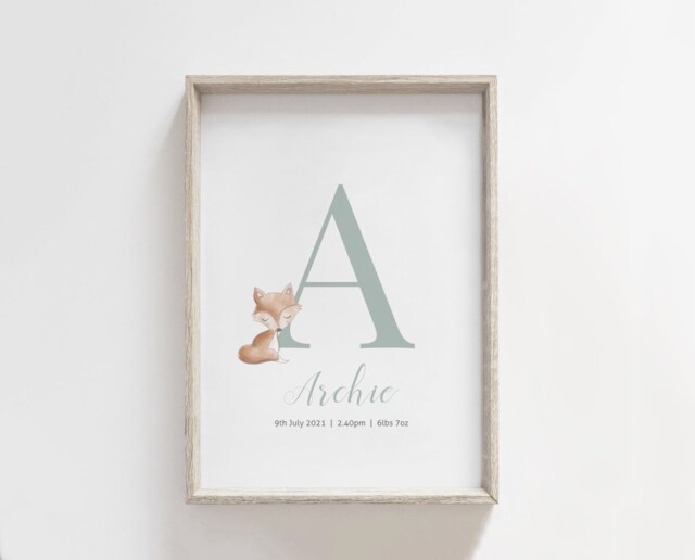 Personalised Name Baby Woodland Fox Print, Nursery New Baby, Boys Bedroom, Wall Art, Kids Gender Neutral, Sage Green - image 1