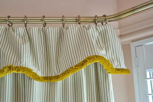 Bespoke Striped Cotton Flop Over Curtain - Sage Ticking, Ochre Fringe - image 1