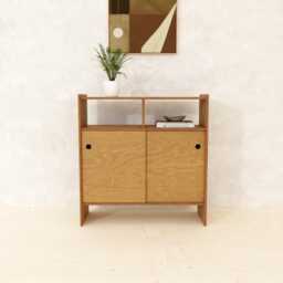 Scandinavian Sliding Door Cabinet Minimal Plywood Console Table With Shelves - Custom Wood Finish Sideboard, Hallway Or Living Room Storage - thumbnail 3