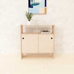 Scandinavian Sliding Door Cabinet Minimal Plywood Console Table With Shelves - Custom Wood Finish Sideboard, Hallway Or Living Room Storage