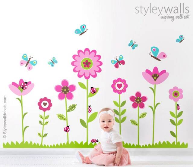 Flowers Wall Decal, Sticker, Butterflies Ladybugs Garden Bugs Nursery Decor - image 1