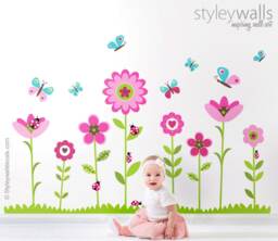 Flowers Wall Decal, Sticker, Butterflies Ladybugs Garden Bugs Nursery Decor