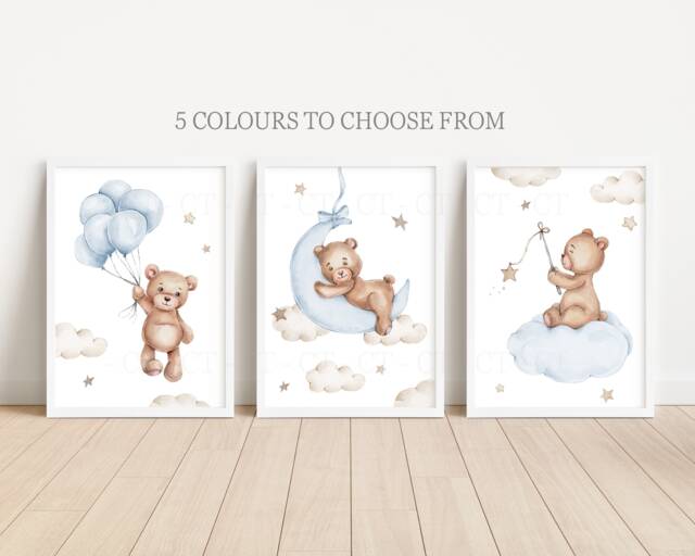 Baby Nursery Teddy Bear Prints - A4 Or A3 Size Stars Cloud Moon Boy Girl Wall Art Gender Unisex Neutral Beige Natural Boho Balloon - image 1