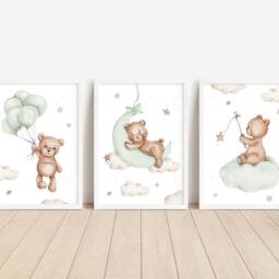 Baby Nursery Teddy Bear Prints - A4 Or A3 Size Stars Cloud Moon Boy Girl Wall Art Gender Unisex Neutral Beige Natural Boho Balloon - thumbnail 2