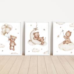 Baby Nursery Teddy Bear Prints - A4 Or A3 Size Stars Cloud Moon Boy Girl Wall Art Gender Unisex Neutral Beige Natural Boho Balloon - thumbnail 3