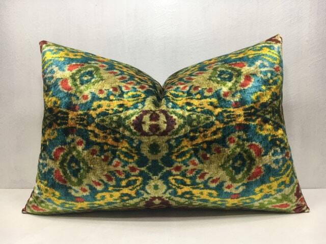 Velvet Ikat Pillow, Decorative Pilow, 16x24, Handwoven Silk Cushion Cover, Beeding Accent Pillows Home Decor Living - image 1