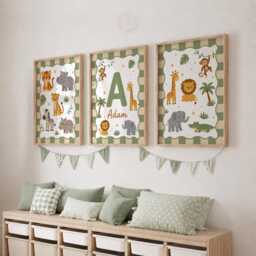 Personalised Nursery Safari Prints - Set Of 3 Wild Animal Wall Art, Boys Bedroom Decor - thumbnail 2