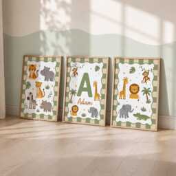 Personalised Nursery Safari Prints - Set Of 3 Wild Animal Wall Art, Boys Bedroom Decor