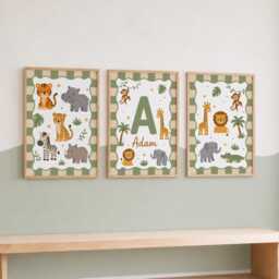 Personalised Nursery Safari Prints - Set Of 3 Wild Animal Wall Art, Boys Bedroom Decor - thumbnail 3