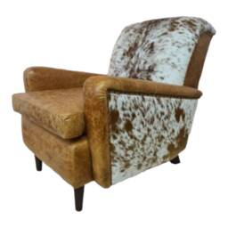 Cowhide Leather Armchair Brown & Tan Accent Chair, Mahogany Legs
