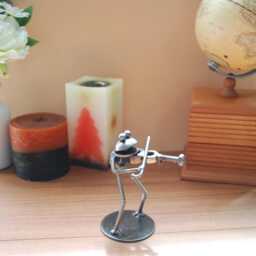 Frog Play Violin Metal Sculpture, Handmade Recycled Steel Art, Unique Anniversary Gift - thumbnail 2
