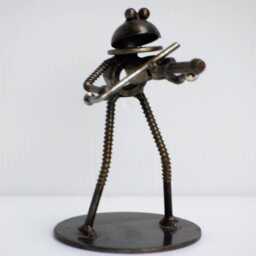 Frog Play Violin Metal Sculpture, Handmade Recycled Steel Art, Unique Anniversary Gift - thumbnail 3
