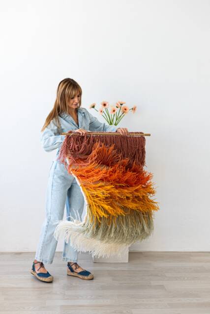 Handwoven Wool Tapestry - Multicolor Ombre Shaggy Fiber Art Boho Wall Hanging Gerbena - image 1
