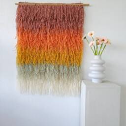 Handwoven Wool Tapestry - Multicolor Ombre Shaggy Fiber Art Boho Wall Hanging Gerbena - thumbnail 3