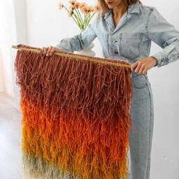 Handwoven Wool Tapestry - Multicolor Ombre Shaggy Fiber Art Boho Wall Hanging Gerbena - thumbnail 2