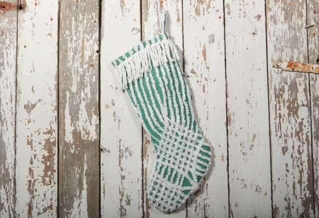 Fluffy Green & White Vintage Chenille Christmas Stocking With Matching Cuff - Wedding Ring, Flower - image 1