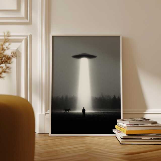 Ufo Abduction Art Print, Retro Sci-Fi Poster, Beam Of Light Forest Scene - image 1