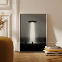 Ufo Abduction Art Print, Retro Sci-Fi Poster, Beam Of Light Forest Scene - thumbnail 1