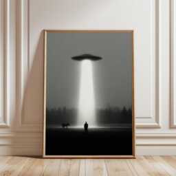 Ufo Abduction Art Print, Retro Sci-Fi Poster, Beam Of Light Forest Scene - thumbnail 2